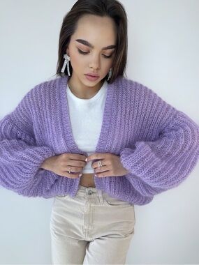 Lilac Purple Periwinkle Chunky Knit Women's Cardigan Sweater